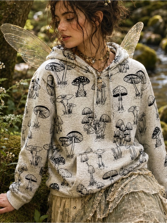 L.A. Soul Tops - L.A. Soul Women's Gray Mushroom Print Pullover Hoodie w/ Pockets Size L